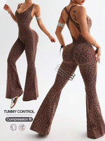 Combinaison longue pour femme, taille haute, imprimé léopard, découpes, séchage rapide, respirante, extensible dans quatre directions, col halter en V, pour le yoga