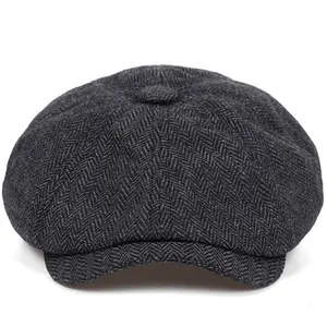 8 Panel Ivy topi wol topi Herringbone Cabbie topi datar topi Newsboy pria gaya topi