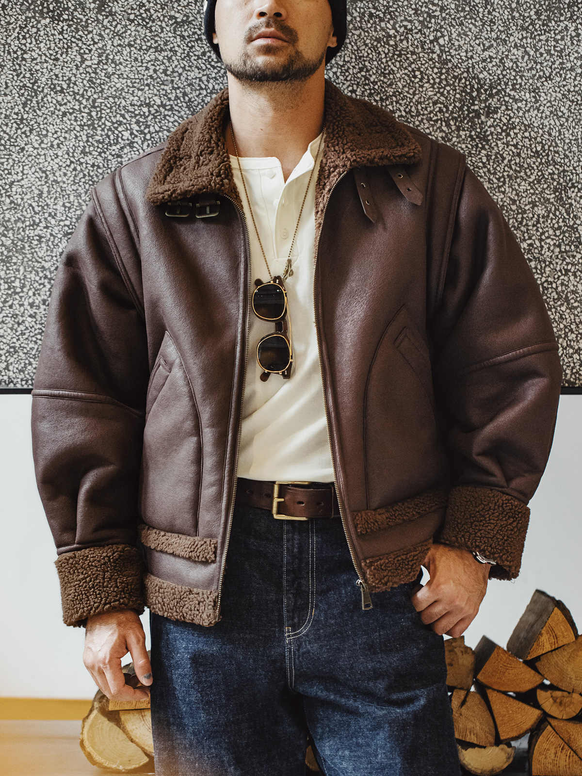 Amekaji Men's Retro B3 Bomber Leather Jacket Winter Padded Biker