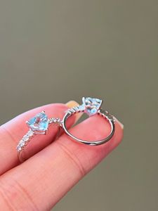 Bague de mariage en or 18 carats Xinfly avec diamant et aquamarine en forme de cœur, bijoux tendance pour femmes - Product Image 2