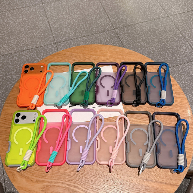 Luxury Matte Translucent Case for iPhone 17 15 14 Pro Max Magnetic Shockproof Phone Cover in Stock Wrist Strap Lanyard