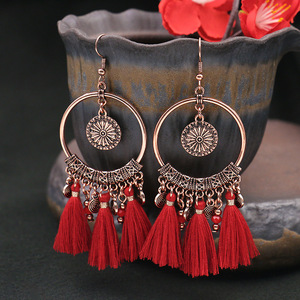 Red <b>Tassel</b> <b>Earrings</b> Chinese Style Bohemian Ethnic Fashion For Wedding New Year Adult Polyester Clip On - Product Image 4