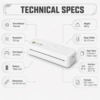 Mini Impresora Térmica Portátil sin Tinta, Impresora de Documentos de Bolsillo con Bluetooth y USB Tipo-C para Estudiantes en Movimiento