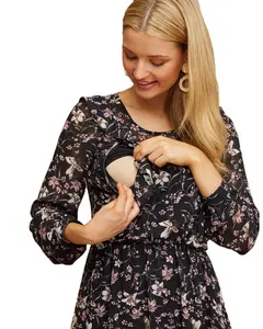 Auschalink सांस मुद्रित मातृत्व कपड़े लंबी आस्तीन ज़िप सामने नर्सिंग स्तनपान के अनुकूल आरामदायक सरासर व्याकुल पोशाक