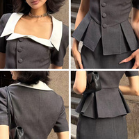 Ensemble jupe et haut peplum gris contrastant sur mesure pour femme, robe crayon à manches courtes boutonnée sur le devant, OEM ODM BSCI