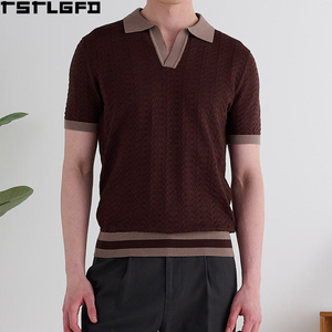 Polo de punto calado con corte y costura para hombre, color crema taupe, cuello en contraste, estilo Old Money. Fabricantes de polos para hombre al por mayor. - Product Image 3