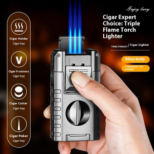 Encendedor de cigarros de antorcha de Metal multifuncional, triple llama de chorro a prueba de viento, cortador de cigarros de corte en V incorporado, soporte para cigarros de diseño clásico - Product Image 2