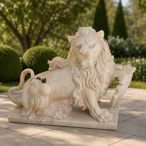 Estatua de <span class=keywords><strong>León</strong></span> de Mármol Beige para Exteriores, Escultura de Animal de Piedra Natural Grande para Jardín y Paisajismo - Product Image 1