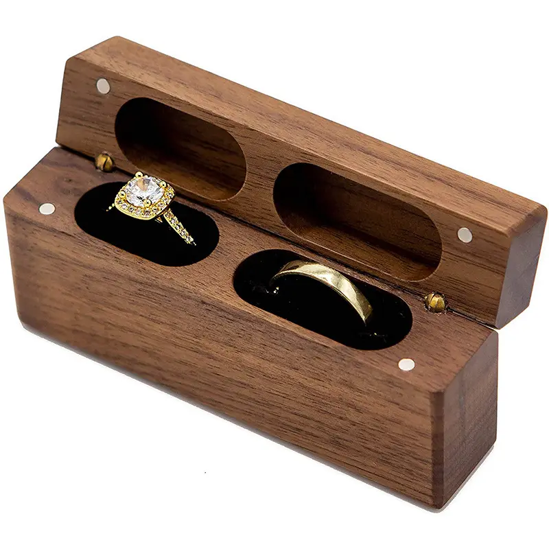 Boîte de support de bague de cérémonie de mariage moderne en noyer 1/6, boîte à Double anneau en bois mince échantillon disponible