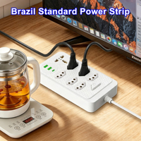 Stop Kontak Standar Brasil dengan USB Tipe C, 6 Stop Kontak AC, Dilengkapi Proteksi Lonjakan Arus, Soket Ekstensi untuk Rumah dan Kantor, Ideal untuk Brasil