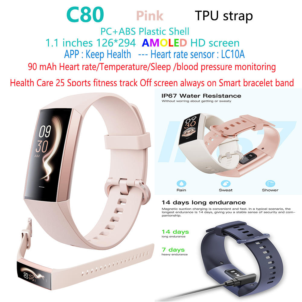 Rosa C80 Deporte Fitness Tracker pulsera inteligente reloj banda