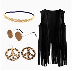 Nouvel ensemble hippie années <span class=keywords><strong>60</strong></span>-70 : Gilet, Bandeau, Lunettes de soleil, Collier, Boucles d'oreilles, Cardigan à franges – Idéal pour Halloween, Soirées dansantes, Disco, Cosplay - Product Image 2