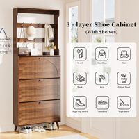 Meuble à chaussures et porte-manteau moderne en acier de 81,8'' de hauteur avec 3 tiroirs rabattables, installation murale, rangement fin pour entrée (fini noyer)