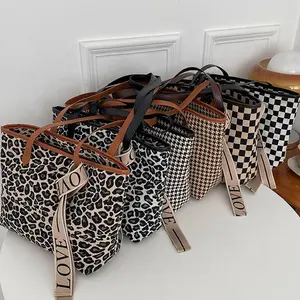 Minimo 1 pz a scacchi pied de poule Leopard borsa a tracolla Tote da donna di grandi dimensioni