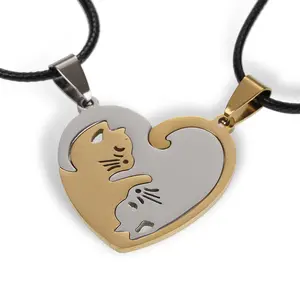 Fashion Jewelry Necklaces Stainless Steel Jewelry Black Cat Dog Design Necklace Gold Plated Heart Cute Pendant Couple Necklace