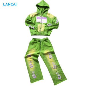 Ensemble de sweat à capuche zippé en éponge pour homme avec poche kangourou Applique et impression personnalisées Lavage de singe Cordon de serrage réglable - Product Image 1