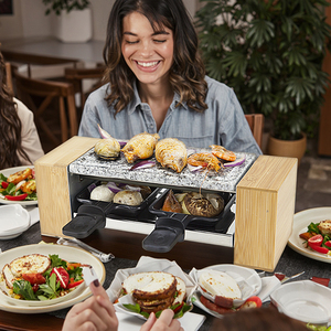 Mini barbecue électrique d'intérieur en bambou, plaque de cuisson sans fumée, revêtement antiadhésif PTFE, pour <span class=keywords><strong>2</strong></span> <span class=keywords><strong>personnes</strong></span>, usage domestique et commercial, Gourtmex <span class=keywords><strong>Raclette</strong></span> - Product Image 1