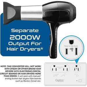 Convertidor de voltaje CEPTICS de 220V a 110V para viaje tipo C E F G I enchufes 2000W salida 4 puertos de carga USB Compatible con secador de pelo - Product Image 2