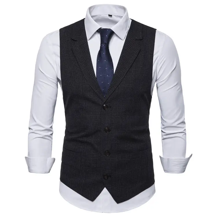 Mens Formal Suit Vest Business Dress Single Breasted Plaid Waistcoat