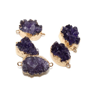 2024 Wholesale Women's Natural Amethyst Double-Hole <strong>Charm</strong> Pendant Necklace European American Exaggerated Oval <strong>Tooth</strong> Stone - Product Image 1