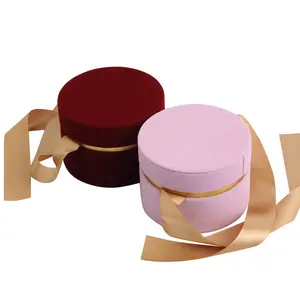 Boîte cadeau fleur ronde en velours Design peau de daim Boîtes rigides personnalisées Boîte cylindrique d'emballage promotionnel