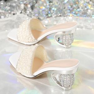 Sandalias de tacón de bloque con perlas y diamantes de imitación para mujer, de punta cuadrada abierta, huecas, con cristales, sin cordones, para fiesta - Product Image 6