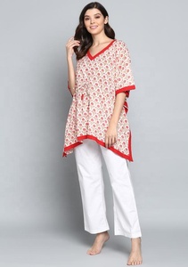 ชุดนอนยาวถึงพื้นผ้าคอตตอน100% ลายดอกไม้สีแดงงาช้างผ้าทอมือรอบเอวธรรมชาติพิมพ์ลายบล็อก - Product Image 3