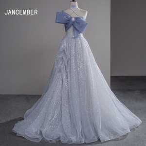 Vestido de cóctel gris bruma con fruncido, línea A, lazo, hombros descubiertos, brillante, con cuentas, sin tirantes, para fiesta de noche o graduación Sfy54 - Product Image 1