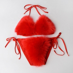 Ensemble bikini femme en fausse fourrure moelleuse, style licou, triangle à nouer sur le côté, pour plage, piscine, tenue de club, costume de scène, personnalisable - Product Image 6
