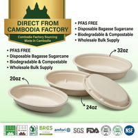 Bol ovale sans PFAS 20oz 24oz 32oz 800ml, bols jetables en bagasse de canne à sucre, biodégradables, compostables, vente en gros