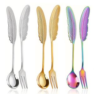 Cuillères et fourchettes modernes et créatives en acier inoxydable 304 en forme de plume, cuillères à café, fourchettes à fruits, idéales pour les mariages, les fêtes, les restaurants - Product Image 1