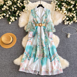 Abito da <span class=keywords><strong>donna</strong></span> elegante floreale francese con scollo a V e maniche lunghe, vestito da <span class=keywords><strong>ufficio</strong></span> a trapezio che esalta la figura, abbigliamento femminile alla moda - Product Image 2