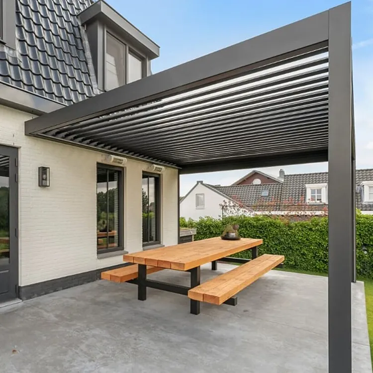 Pérgola de aluminio con dosel de apertura automática, parasol ajustable, persiana de techo, sombra