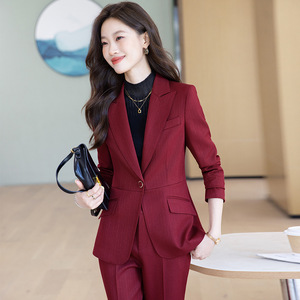 Striped Suit Set Women Three Quarter Sleeve Worsted Fabric Anti-Wrinkle Notched Collar Formal Autumn Wear - Product Image 4