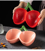 Dingyue Plat de service en céramique et porcelaine à deux compartiments, motif fraise rouge rose vif, pour sashimi, plats froids et fruits