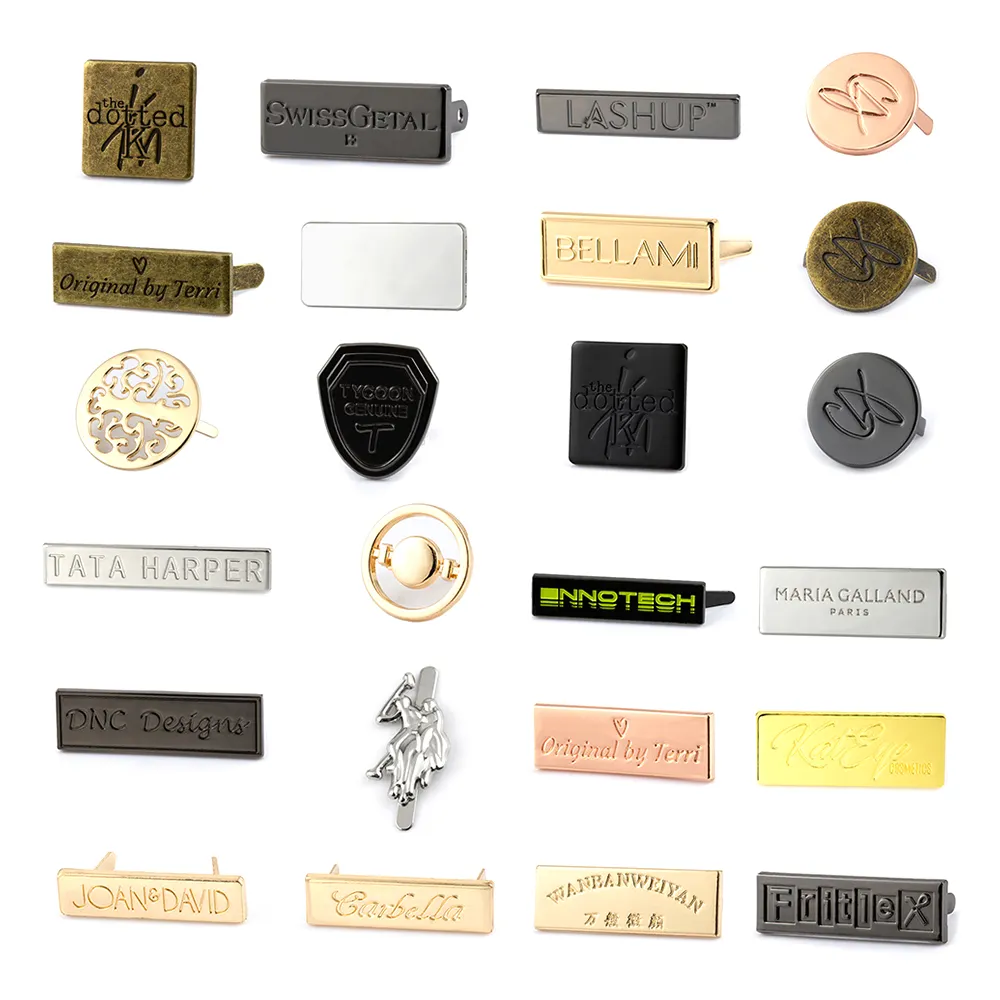 Etiqueta de roupas com logotipo de marca personalizada por atacado, acessórios para sacolas de costura gravadas, etiquetas de metal para bolsas