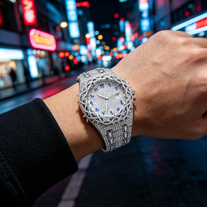 Reloj de pulsera para hombre PIN TIME PT106 con diamantes, estilo hip hop, con cristales brillantes, de cuarzo, resistente al agua, con fecha automática, luminoso, redondo. - Product Image 3