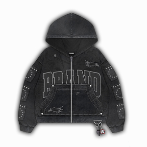 Sweat à capuche zippé oversize noir pour homme, style streetwear, avec motif imprimé lettres, poche avant, manches classiques, en molleton bouclette - Product Image 1