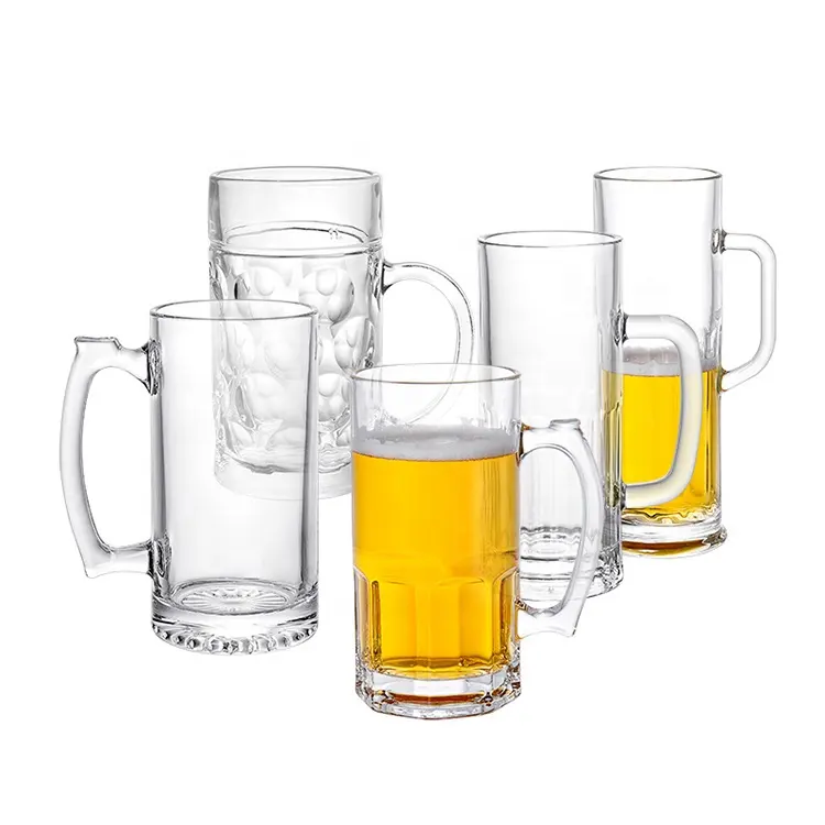 Harga pabrik disesuaikan logo gelas bir mug bir dengan pegangan bebas timbal gelas bening cocok pub cheer cangkir minum bir
