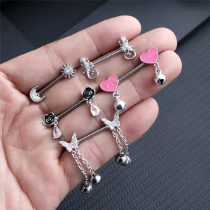Set de 5 Anillos de Pezón de Acero 316L con Diseño Elegante, Adornos de <span class=keywords><strong>Pecho</strong></span> Estilo Indio con Mariposa, Corazón y Campana, Joyería de <span class=keywords><strong>Piercing</strong></span> con Zirconia - Product Image 5
