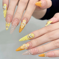 Ongles Press-On de Luxe Faits Main Jaune Citron Ombré avec Design Ours en Cristal 3D Réutilisables Stiletto Courts pour Doigts – Faux Ongles de Salon