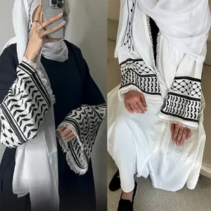 Custom Embroidery Muslim Dress Femme Robe Linen Abayas Modest Coat Eid Clothing For Women Open Abaya