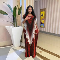 Robe ample décontractée grande taille pour femme, nouvelle collection 2026, imprimé dégradé rouge et noir africain, ornée de strass, avec manches chauve-souris à pois