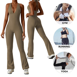 <span class=keywords><strong>Justaucorps</strong></span> de danse et de fitness sexy à décolleté plongeant en V pour femmes, <span class=keywords><strong>justaucorps</strong></span> de yoga personnalisables avec col halter + pantalon évasé, combinaisons de sport pour la salle de sport - Product Image 5