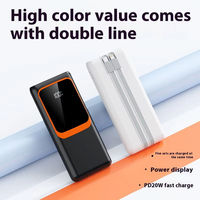 Batterie externe portable 20000 mAh étanche au lithium polymère avec 2 câbles de données intégrés, charge rapide PD 22,5 W et écran LED
