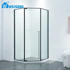 Weisdon desain baru 304 pintu kamar mandi kaca Tempered berbingkai Pivot berlian hitam Matte baja tahan karat