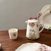 Ensemble de vaisselle en céramique fait main, motif chat mignon, pour le petit-déjeuner : tasse à café, bol, assiette, théière – Idéal pour la maison et la cuisine au quotidien