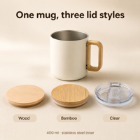 Mug à café en acier inoxydable 304 à double paroi, 400 ml, mug de camping, mug de voyage, poignées en bois