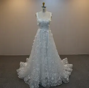 3D dantel çiçek robe de mariage kare yaka bir çizgi gelin elbise fildişi straplez gelinlik