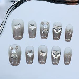 Uñas acrílicas hechas a mano al por mayor, uñas postizas cuadradas de cobertura completa, degradado rosa y blanco, diseño con diamantes de imitación, personalizables. - Product Image 1